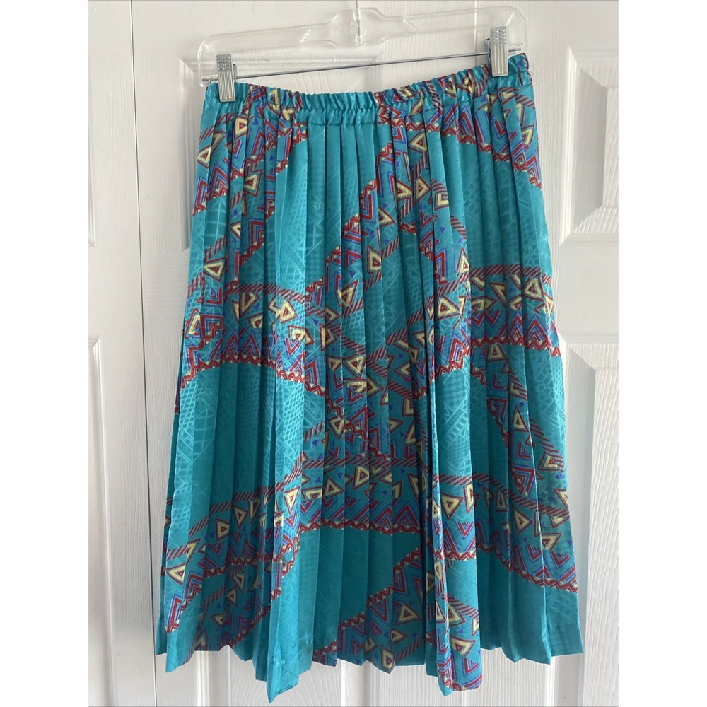 Andrea Gayle Vintage Pleated Midi Skirt Womens Size M Teal Geometric Tribal Boho
